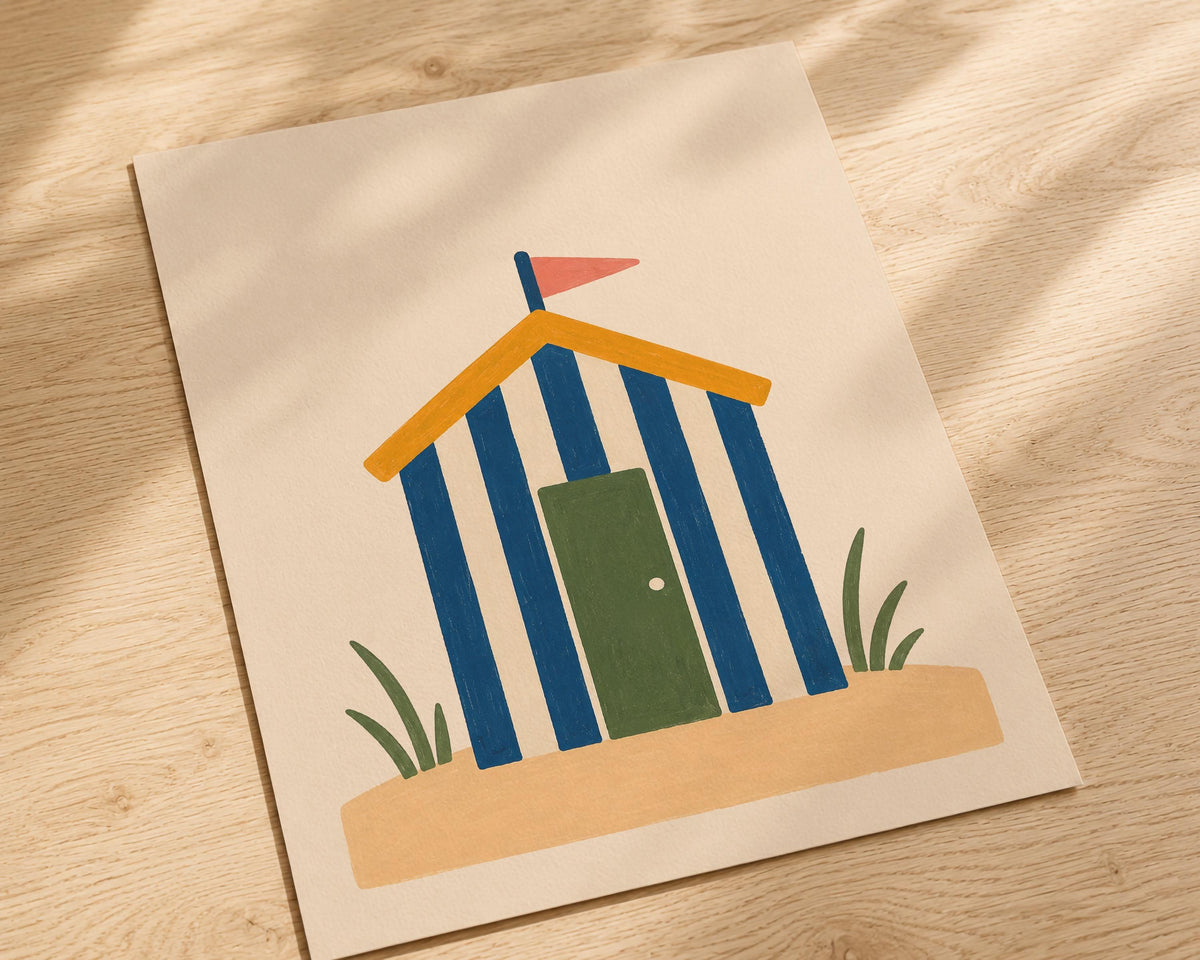 Hand-Painted Beach Hut Print | Colourful Coastal Beach House Decor | Framed or Unframed