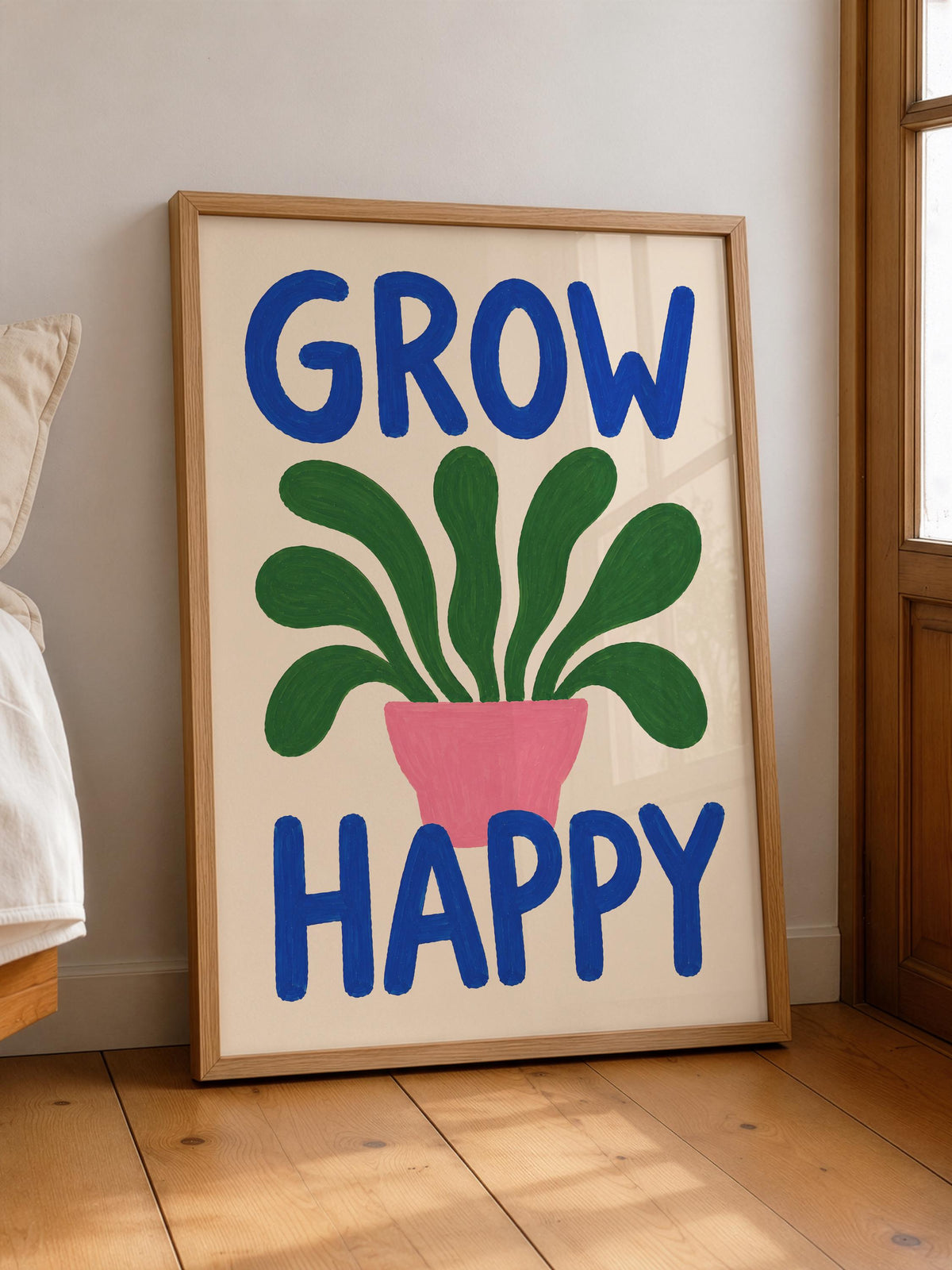 Hand-Painted Botanical Print | Grow Happy Inspirational Wall Art | Framed or Unframed
