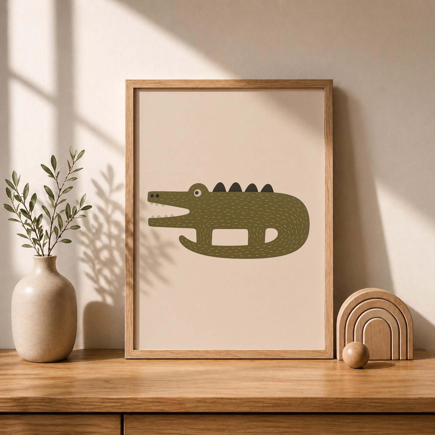Hand-Painted Crocodile Print | Scandinavian Animal Art, Neutral Nursery Decor | Framed or Unframed