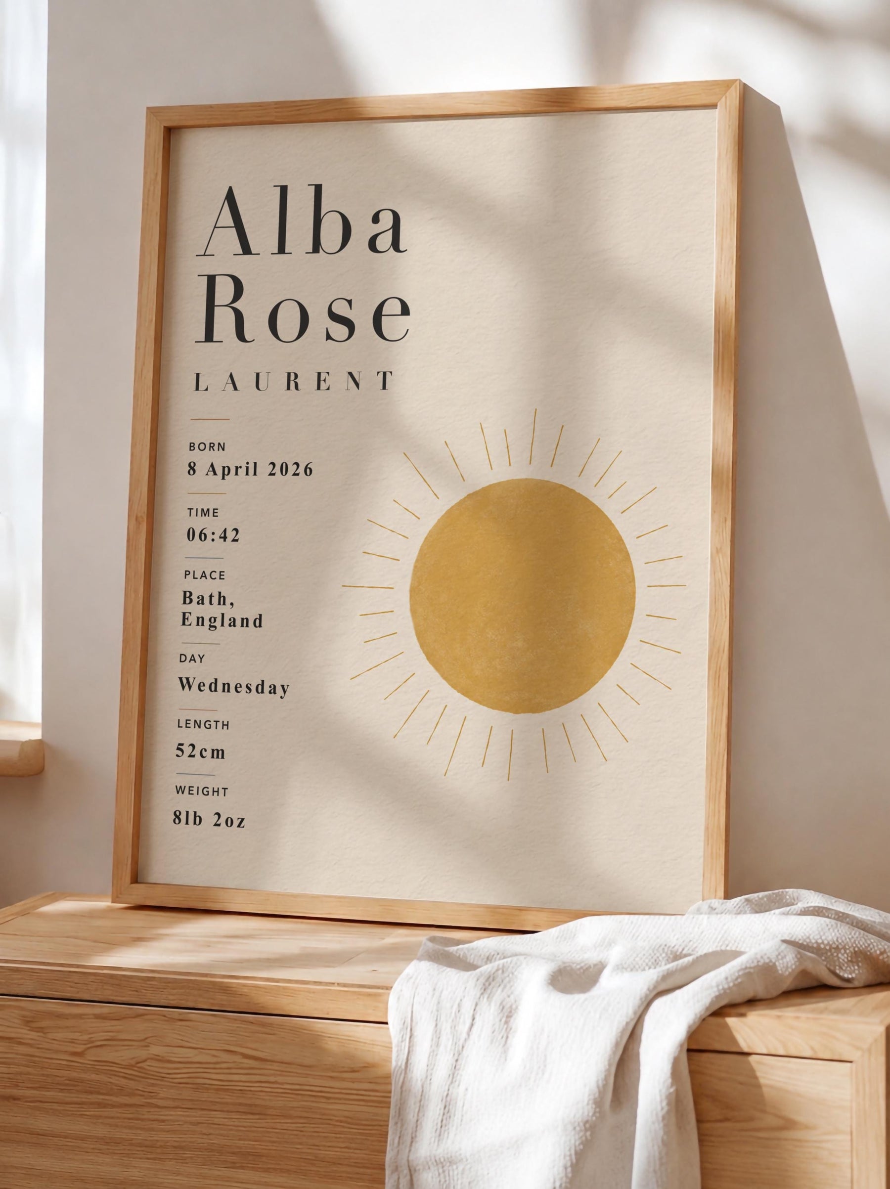 Personalised Sun Birth Record Print | Yellow Nursery Wall Art | Framed or Unframed