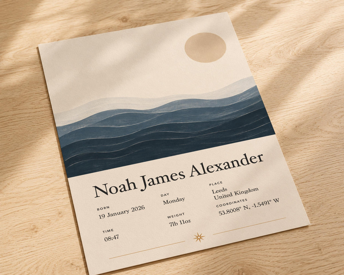 Personalised Birth Story Print | Ocean Waves Seascape Nursery Wall Art | Framed or Unframed