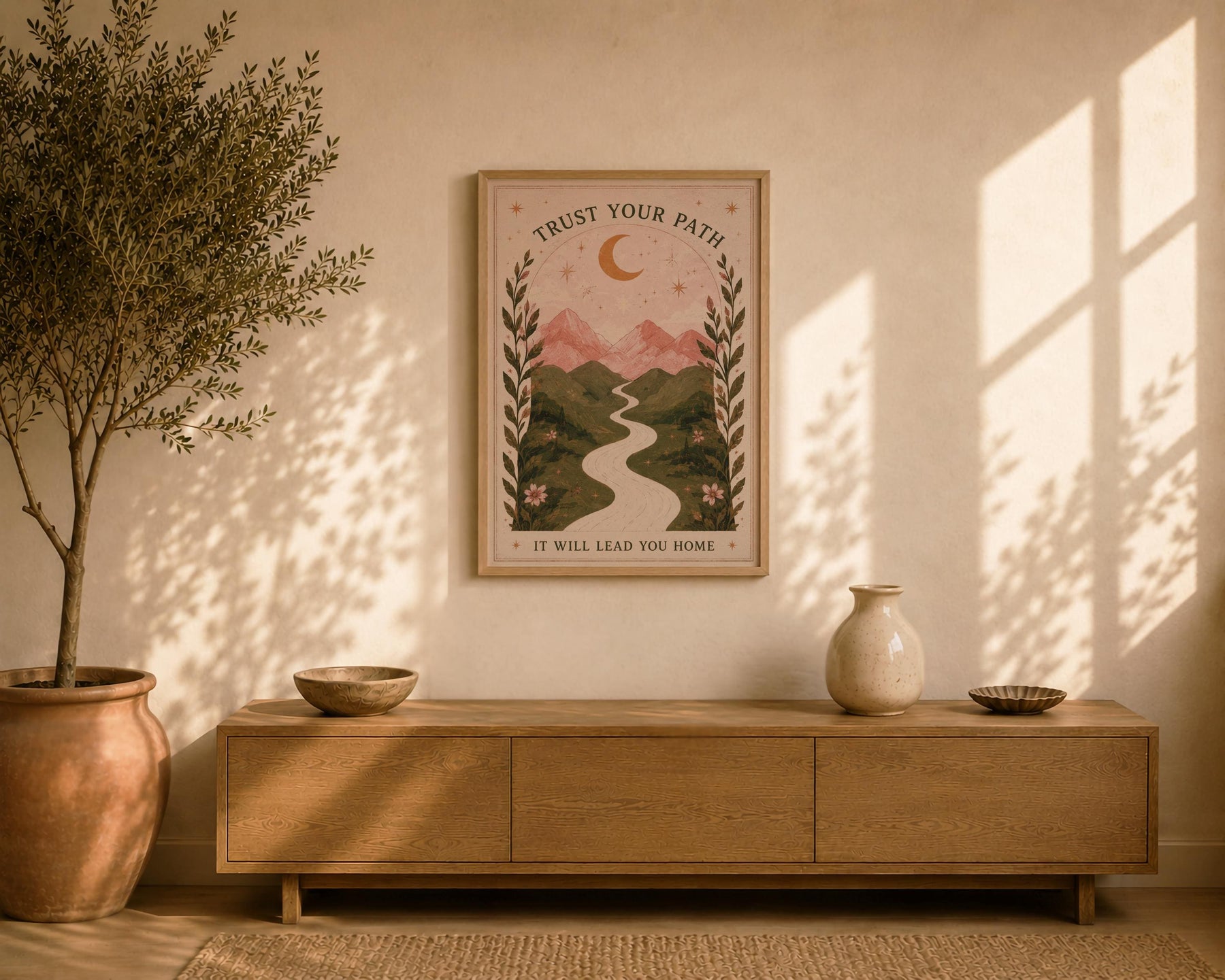 Celestial Mountain Nursery Print | Positive Message Folk Art Illustration, Moonlit Path | Framed or Unframed