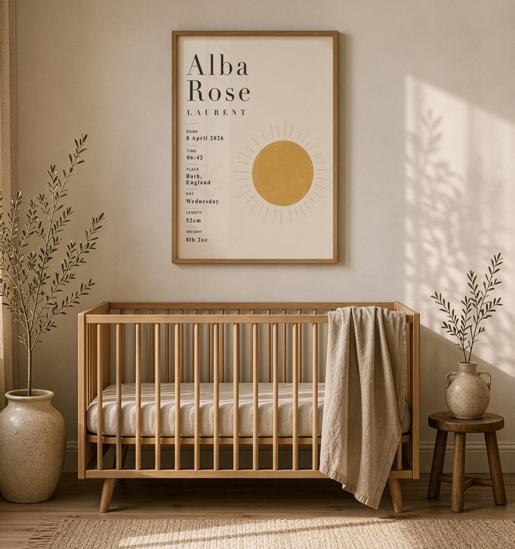 Personalised Sun Birth Record Print | Yellow Nursery Wall Art | Framed or Unframed