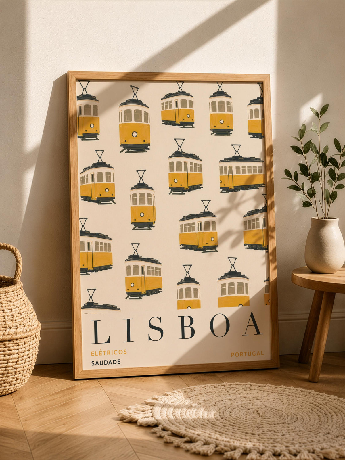 Lisbon Print | Yellow Tram Wall Art, Hand-Painted Portugal Travel Poster | Framed or Unframed