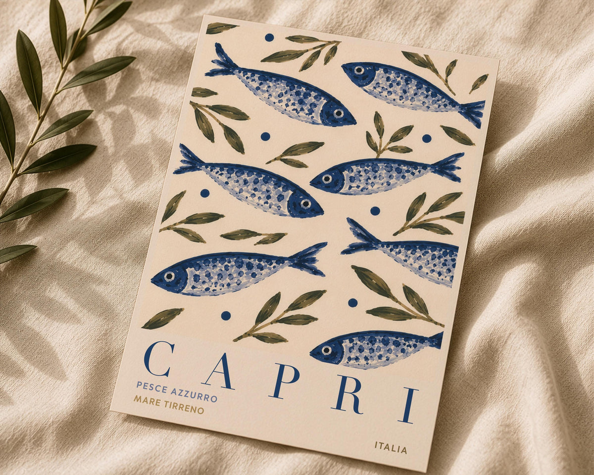 Capri Italy Fish Print | Hand-Painted Mediterranean Coastal Wall Art | Framed or Unframed