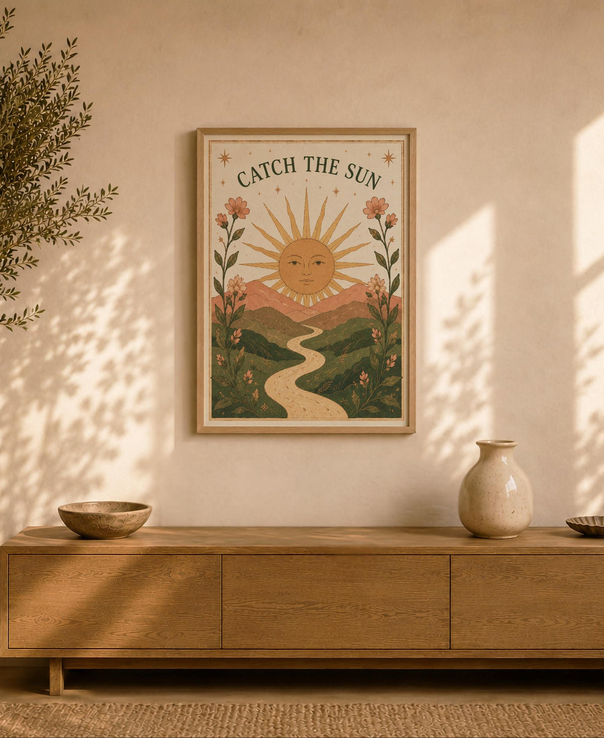 Catch The Sun Print | Inspirational Celestial Nursery Wall Art, Folk Landscape Illustration, Framed or Unframed
