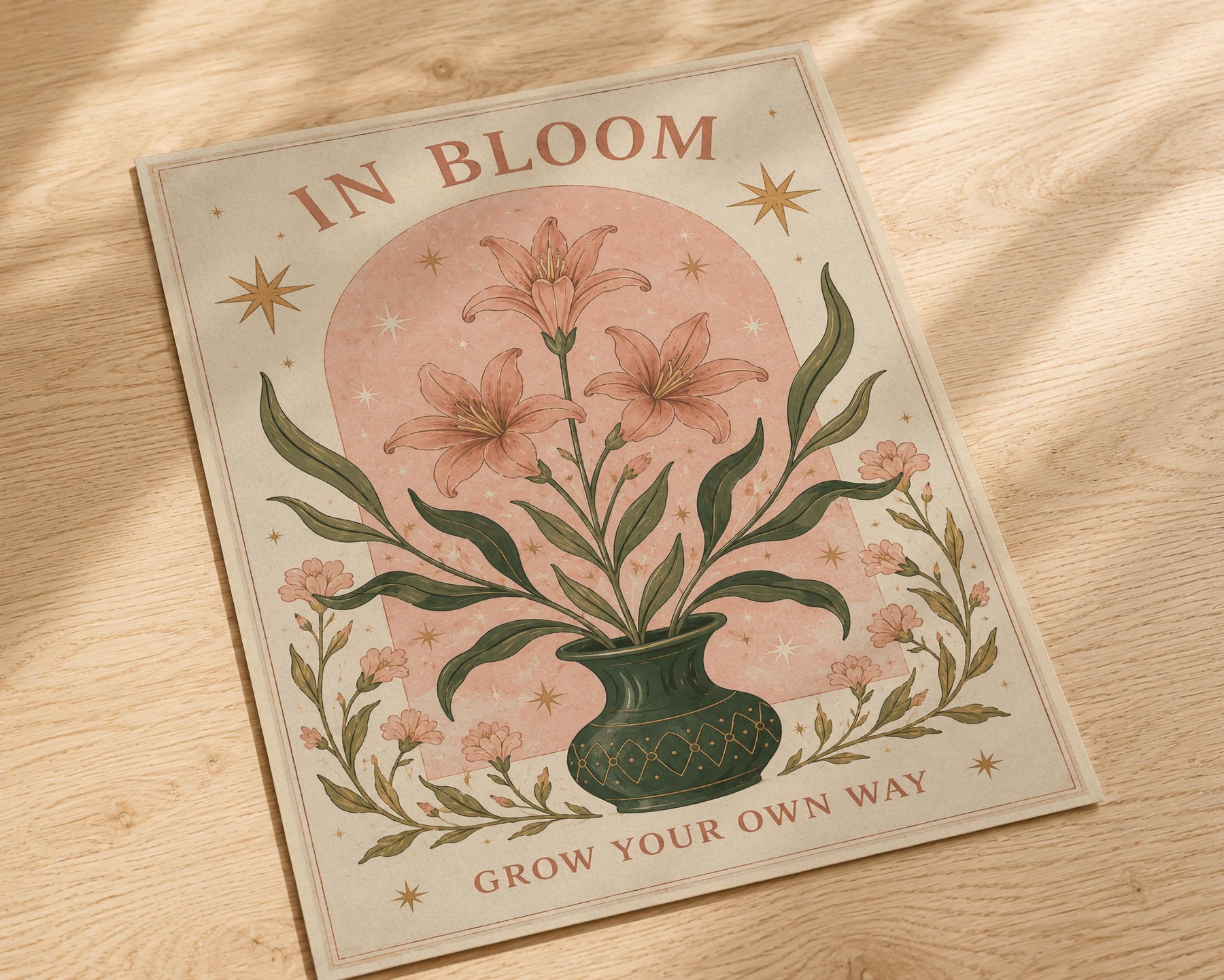 In Bloom Print | Inspirational Floral Nursery Wall Art, Celestial Folk Art, Framed or Unframed