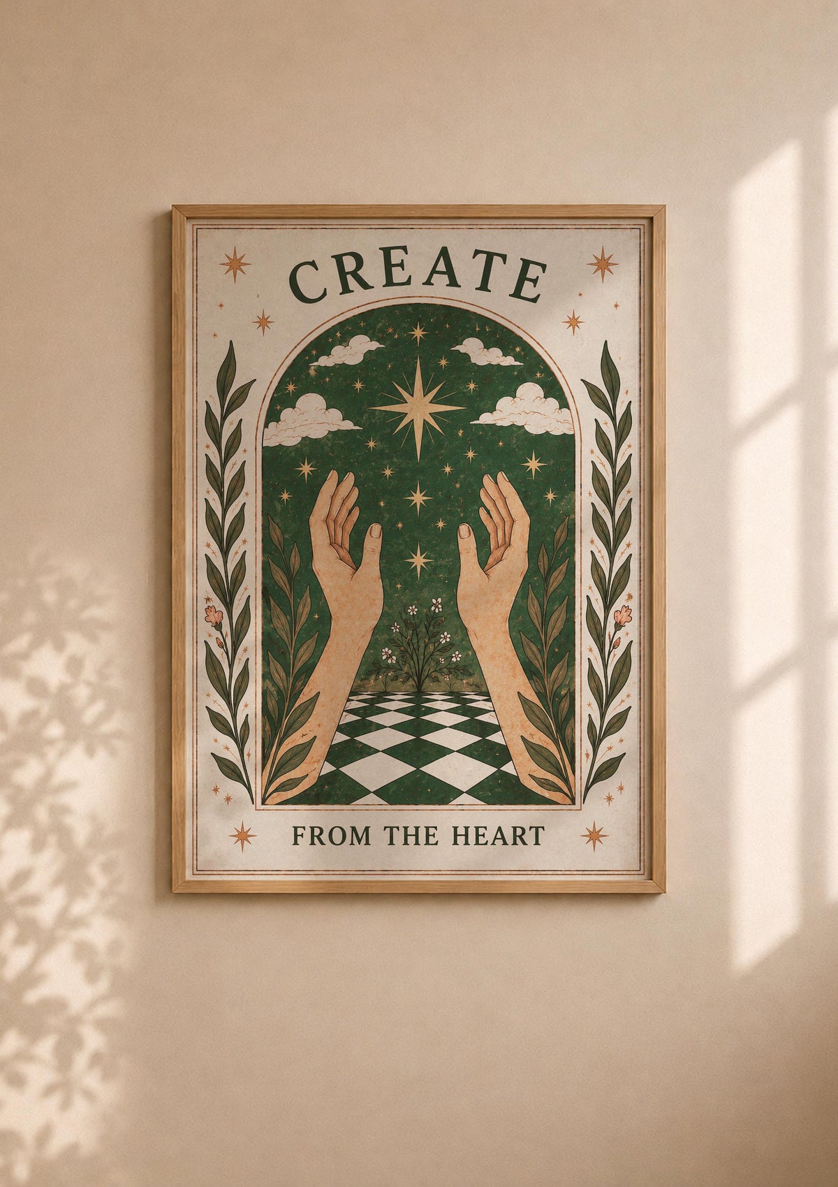 Create From The Heart Print | Inspirational Celestial Wall Art, Folk Hands Illustration, Framed or Unframed