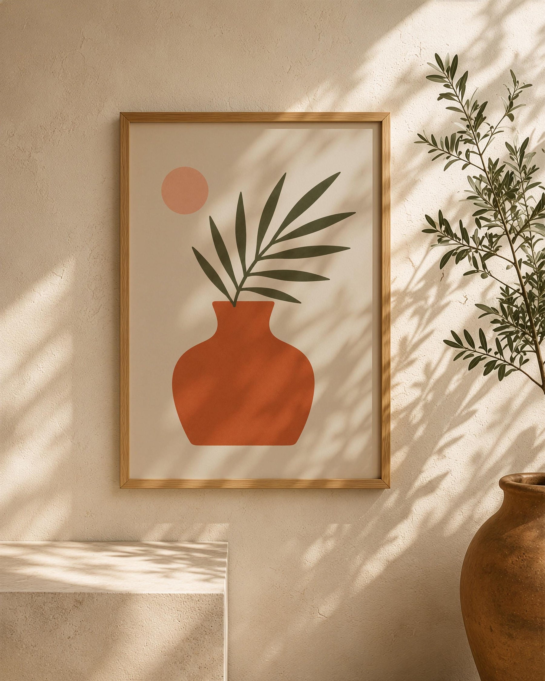 Vela Palm Leaf Vase Print | Minimalist Botanical Terracotta Wall Art | Framed or Unframed