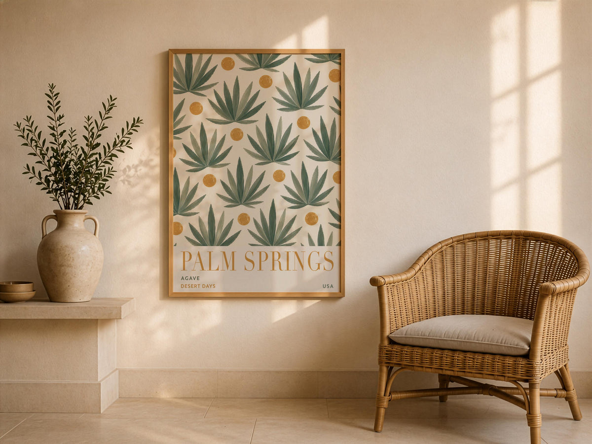 Palm Springs Agave Print | Mid-Century Hand-Painted Desert Botanical Wall Art | Framed or Unframed