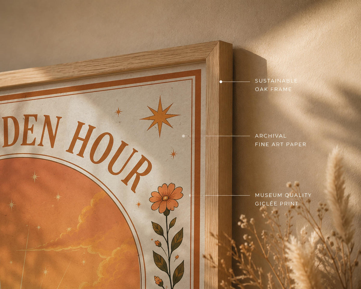 The Golden Hour Print | Sunset Wall Art, Folk Art Landscape Illustration, Framed or Unframed
