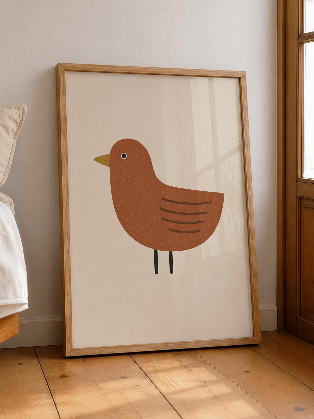 Hand-Painted Bird Print | Scandinavian Folk Art, Neutral Nursery Decor | Framed or Unframed