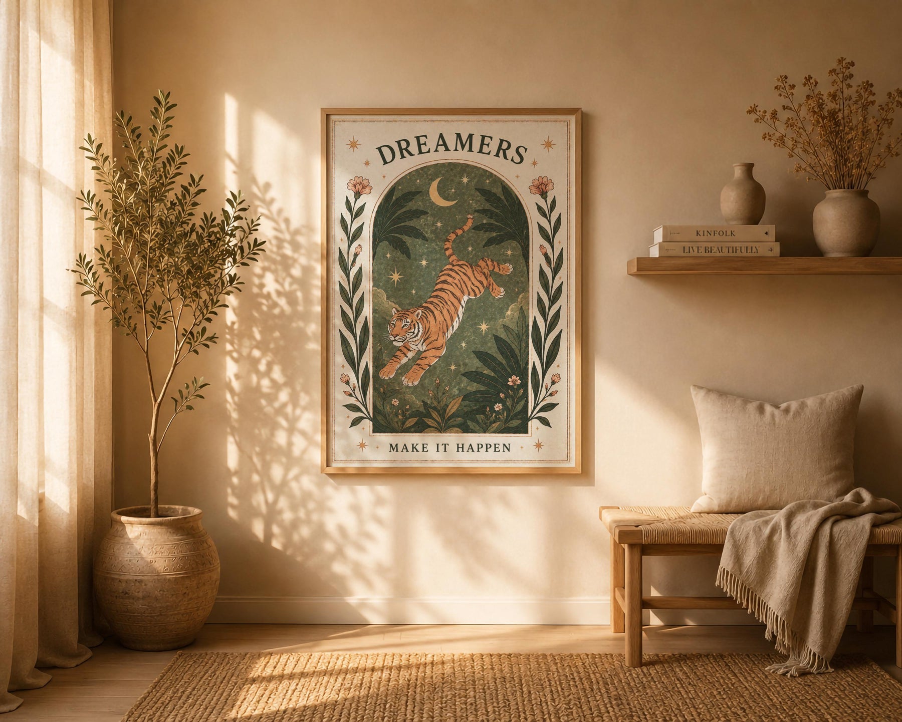 Tiger Illustrated Print | Inspirational Dreamer Folk Art Animal Wall Art | Framed or Unframed