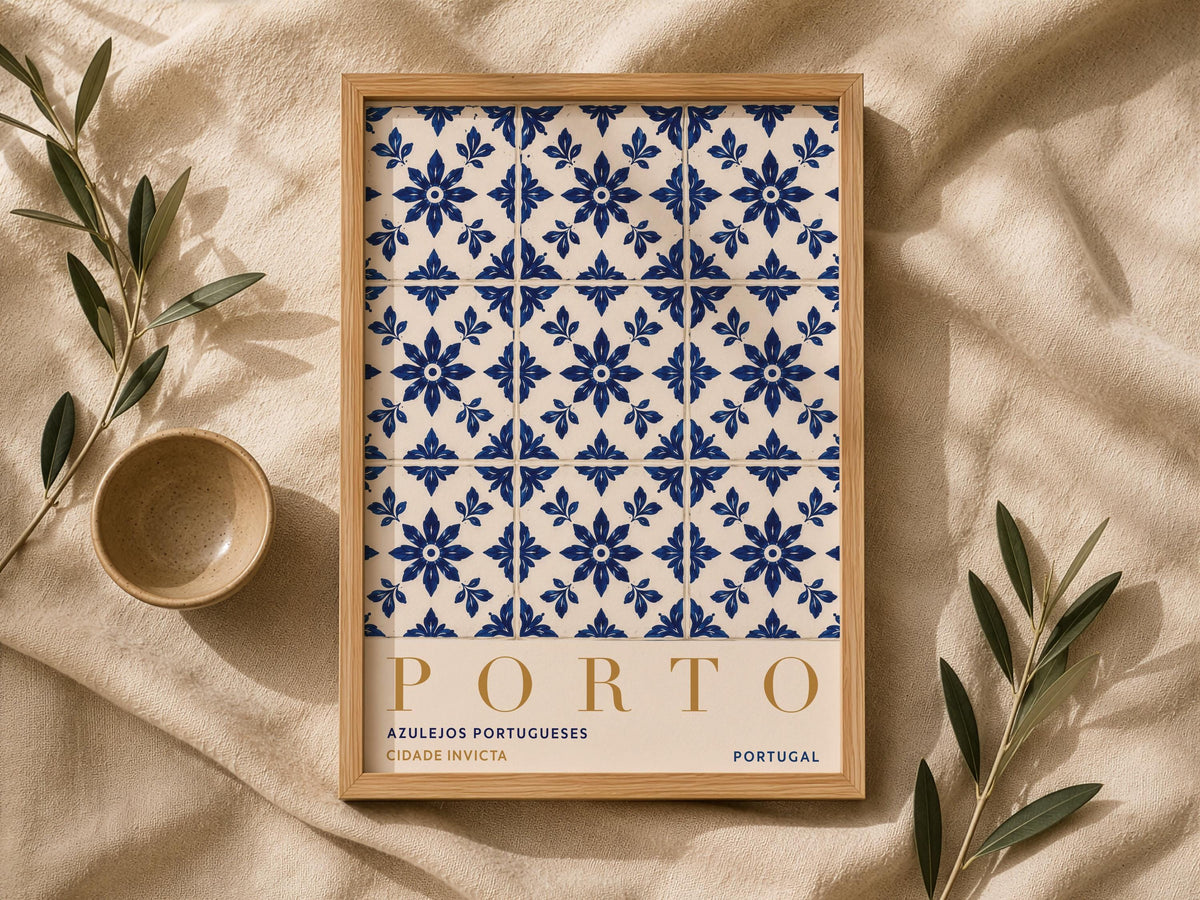 Porto Azulejo Tile Print | Portuguese Coastal Travel Poster | Framed or Unframed