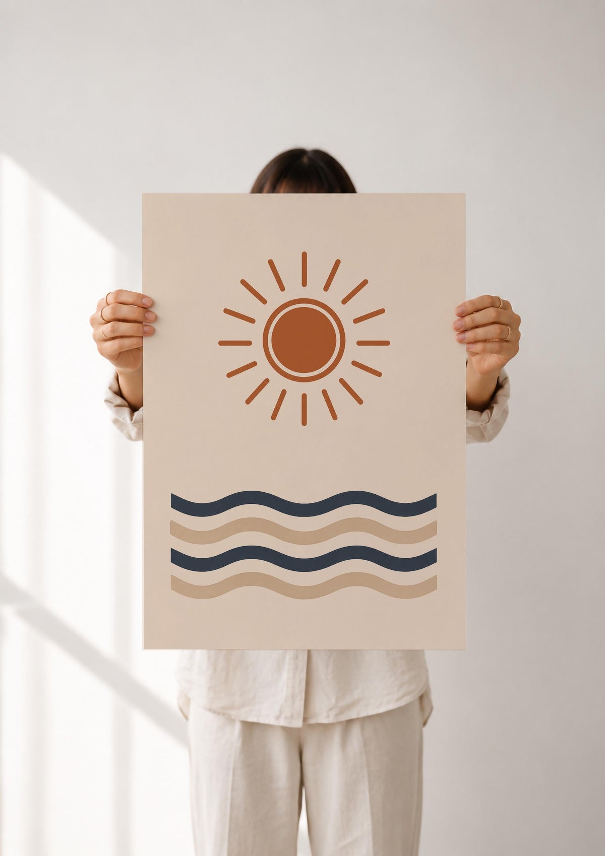 Sun and Waves Print | Coastal Minimalist Beach House Wall Art | Framed or Unframed