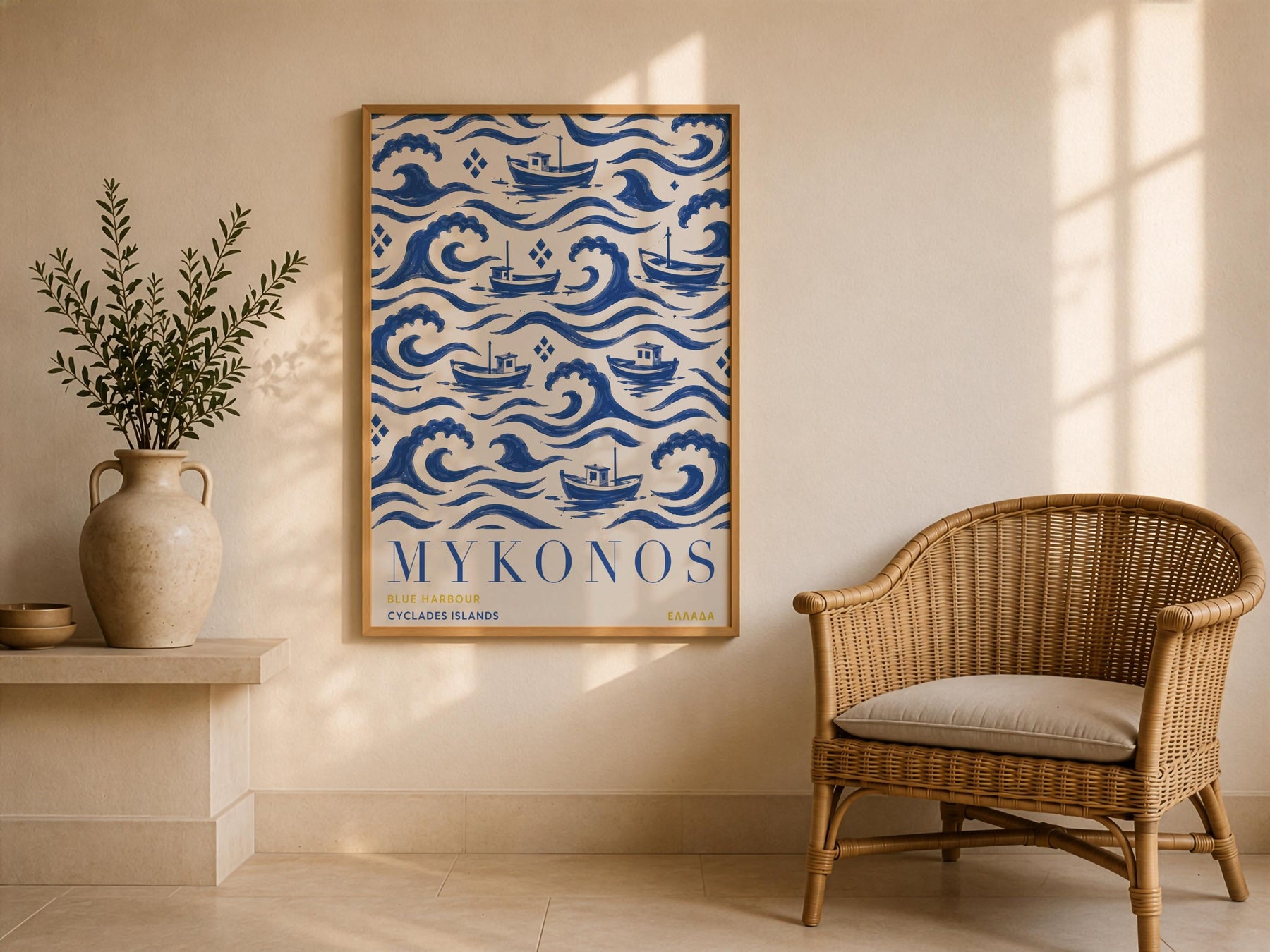 Mykonos Print | Hand-Painted Greek Island Travel Poster, Coastal Nautical Decor | Framed or Unframed