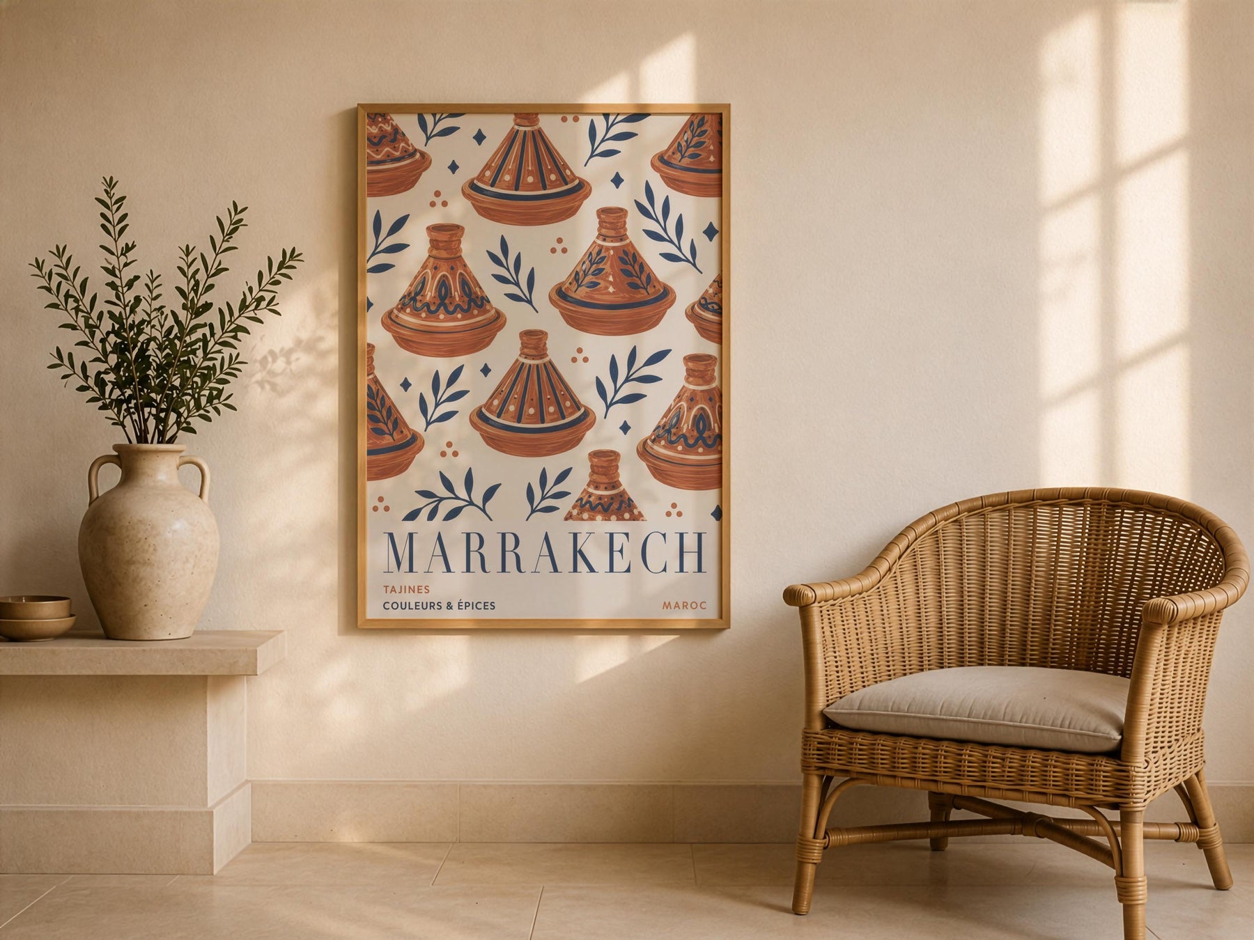 Marrakech Print | Hand-Painted Tagine Travel Poster, Moroccan Boho Kitchen Art | Framed or Unframed