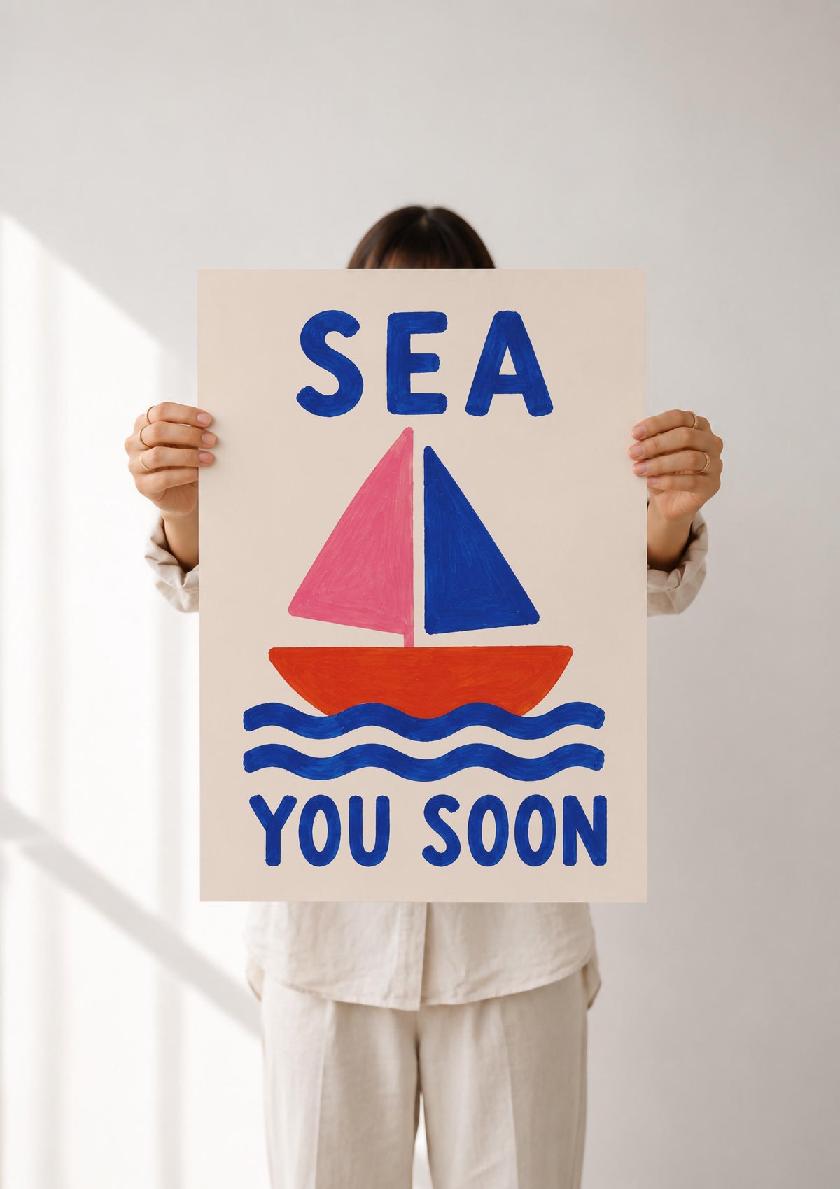 Sea You Soon Sailboat Print | Bold Hand-Painted Coastal Wall Art | Framed or Unframed