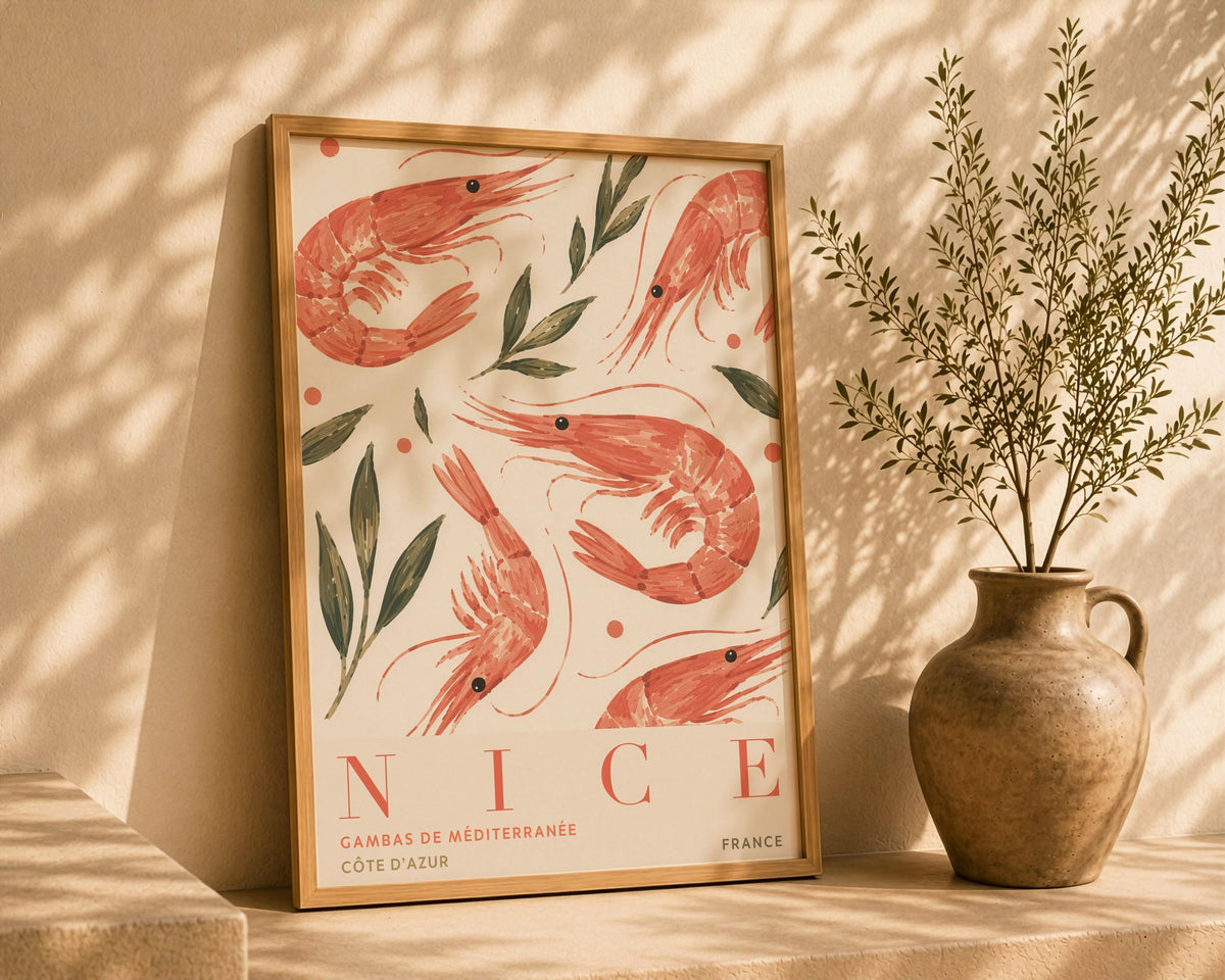Nice France Travel Poster | Hand-Painted Shrimp, Côte d’Azur Coastal Art | Framed or Unframed