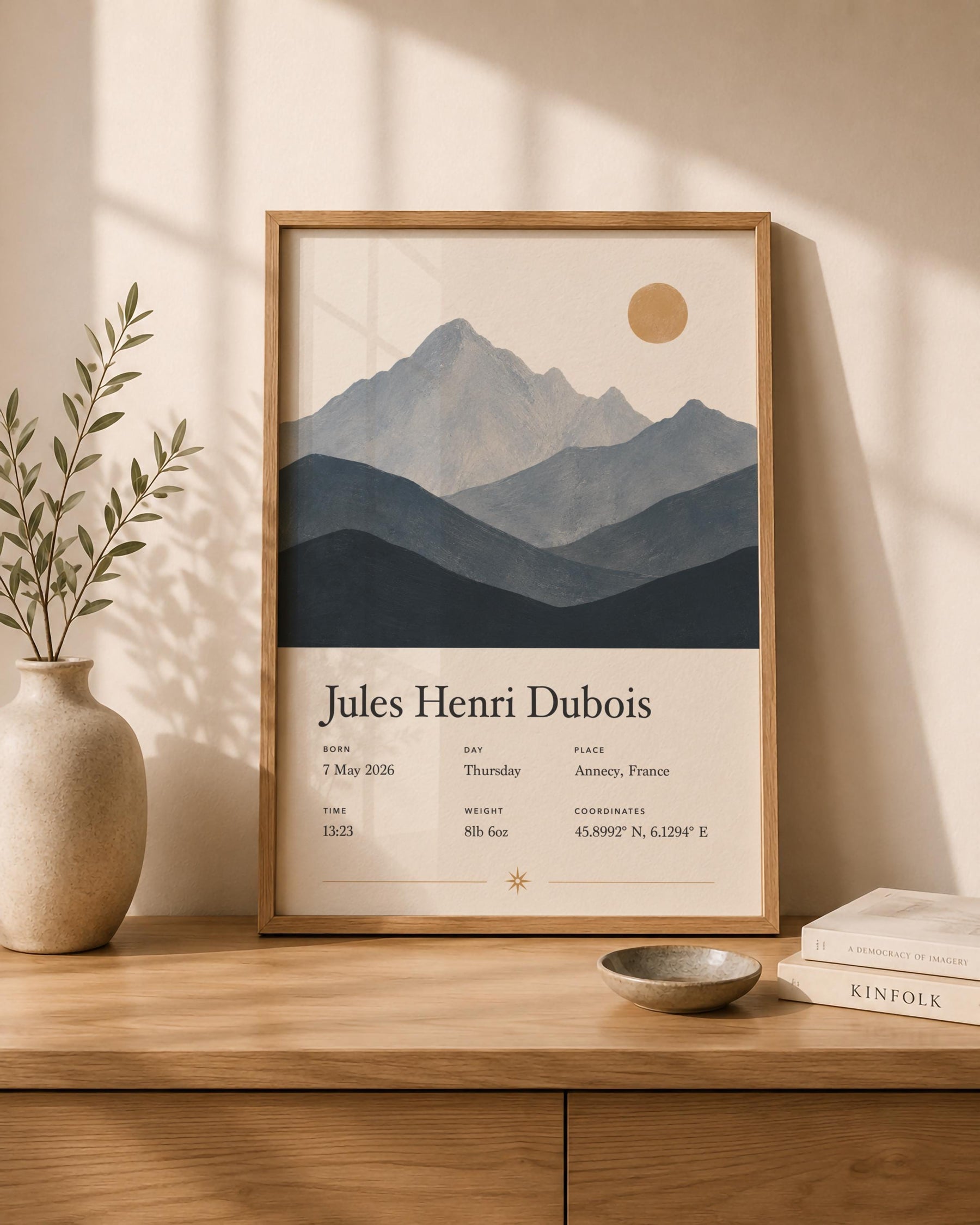 Personalised Birth Story Print | Mountain Landscape Nursery Wall Art | Framed or Unframed