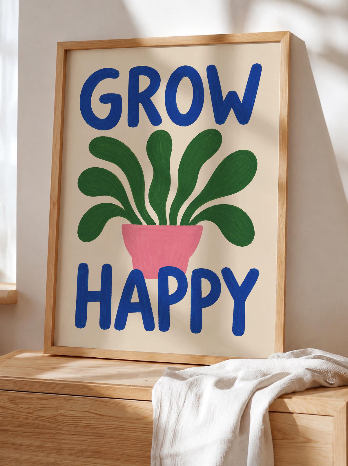 Grow Happy Hand-Painted Botanical Print | Inspirational Wall Art | Framed or Unframed