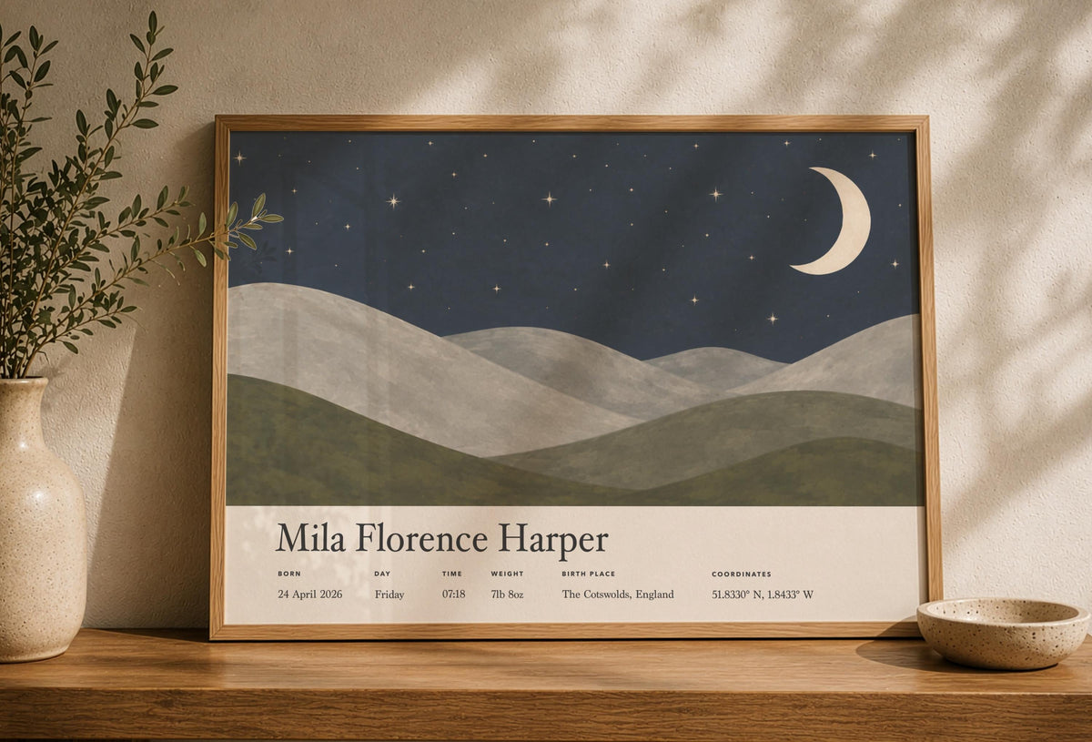 Personalised Birth Story Print | Moon Stars Nursery Wall Art | Framed or Unframed
