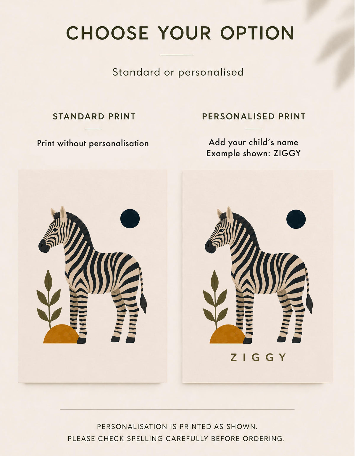 Personalised Zebra Nursery Print, Modern Playroom Safari Animal Wall Art, Framed or Unframed Poster