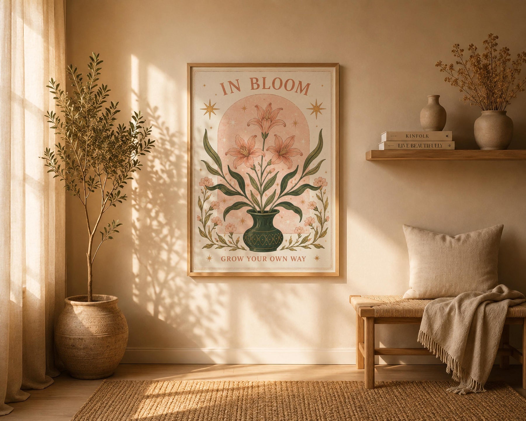 In Bloom Print | Inspirational Floral Nursery Wall Art, Celestial Folk Art, Framed or Unframed