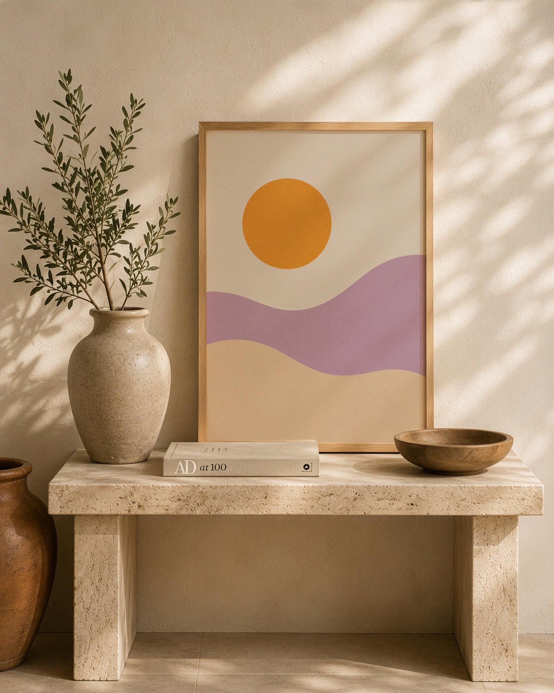 Desert Dunes Abstract Print | Minimalist Lilac Hills, Golden Sun Wall Art | Framed or Unframed