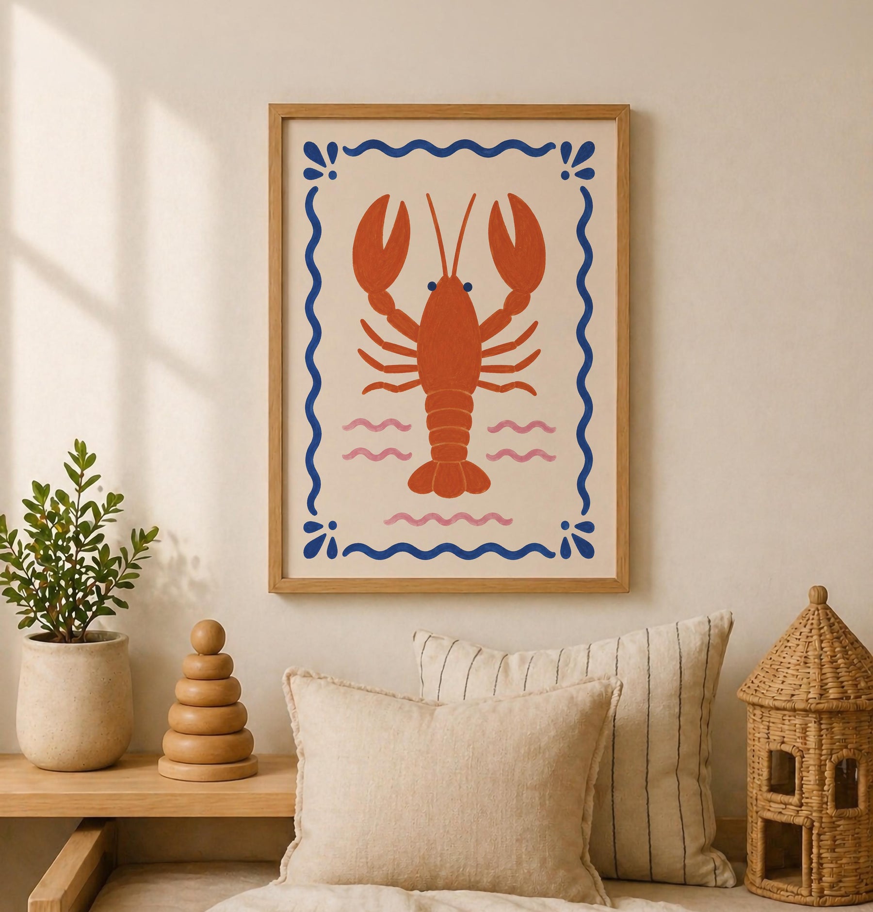Hand-Painted Lobster Print | Coastal Beach House Decor | Framed or Unframed