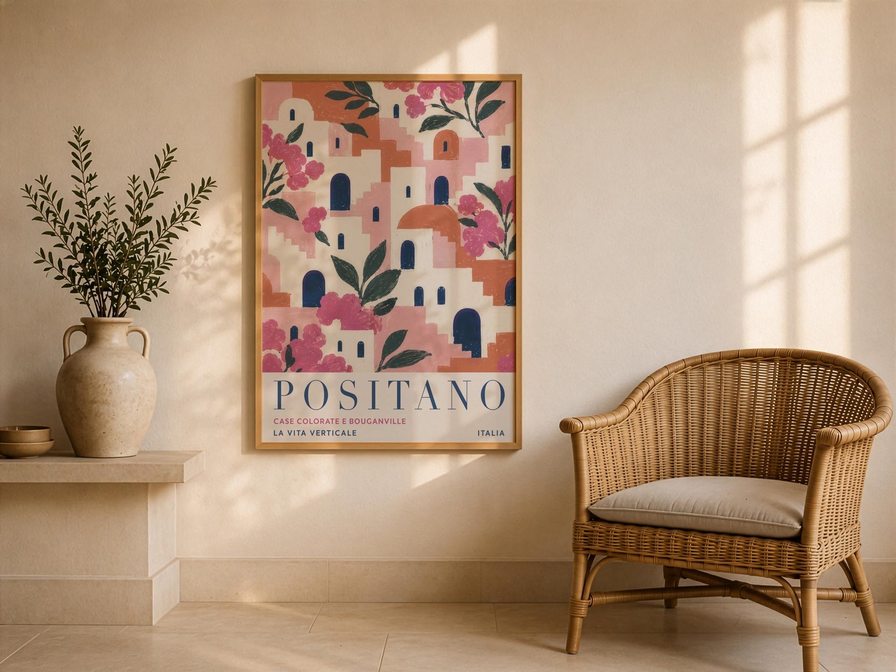 Positano Print | Amalfi Coast Travel Poster, Bougainvillea Floral Wall Art | Framed or Unframed