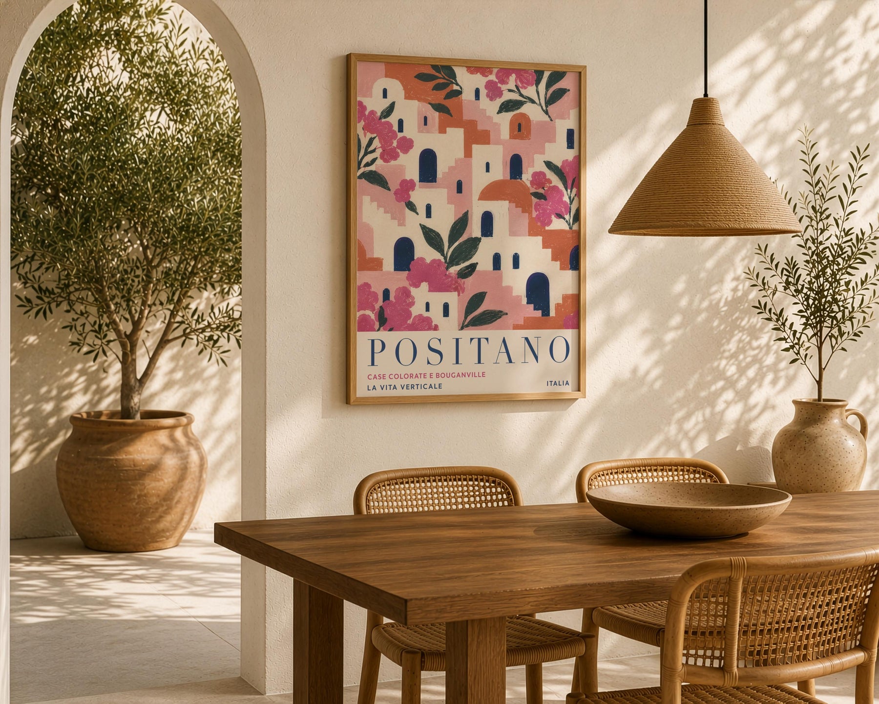 Positano Print | Amalfi Coast Travel Poster, Bougainvillea Floral Wall Art | Framed or Unframed