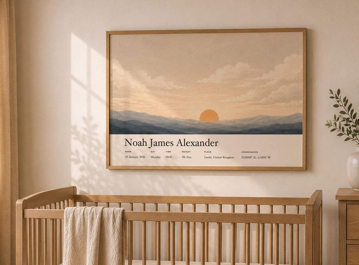Personalised Birth Story Print | Sunrise Sunset Seascape Nursery Wall Art | Framed or Unframed
