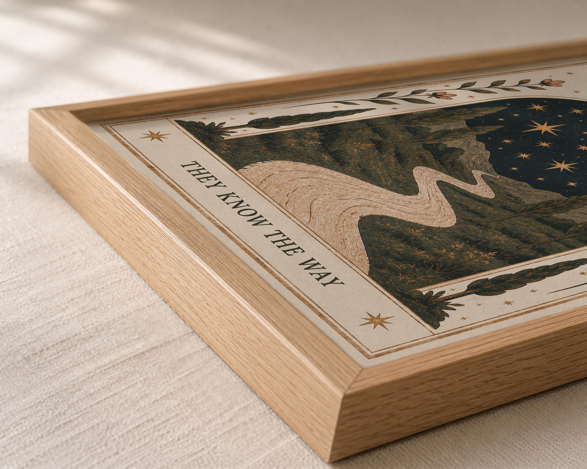 Follow The Stars Print | Celestial Moon Nursery Wall Art, Folk Landscape Illustration, Framed or Unframed