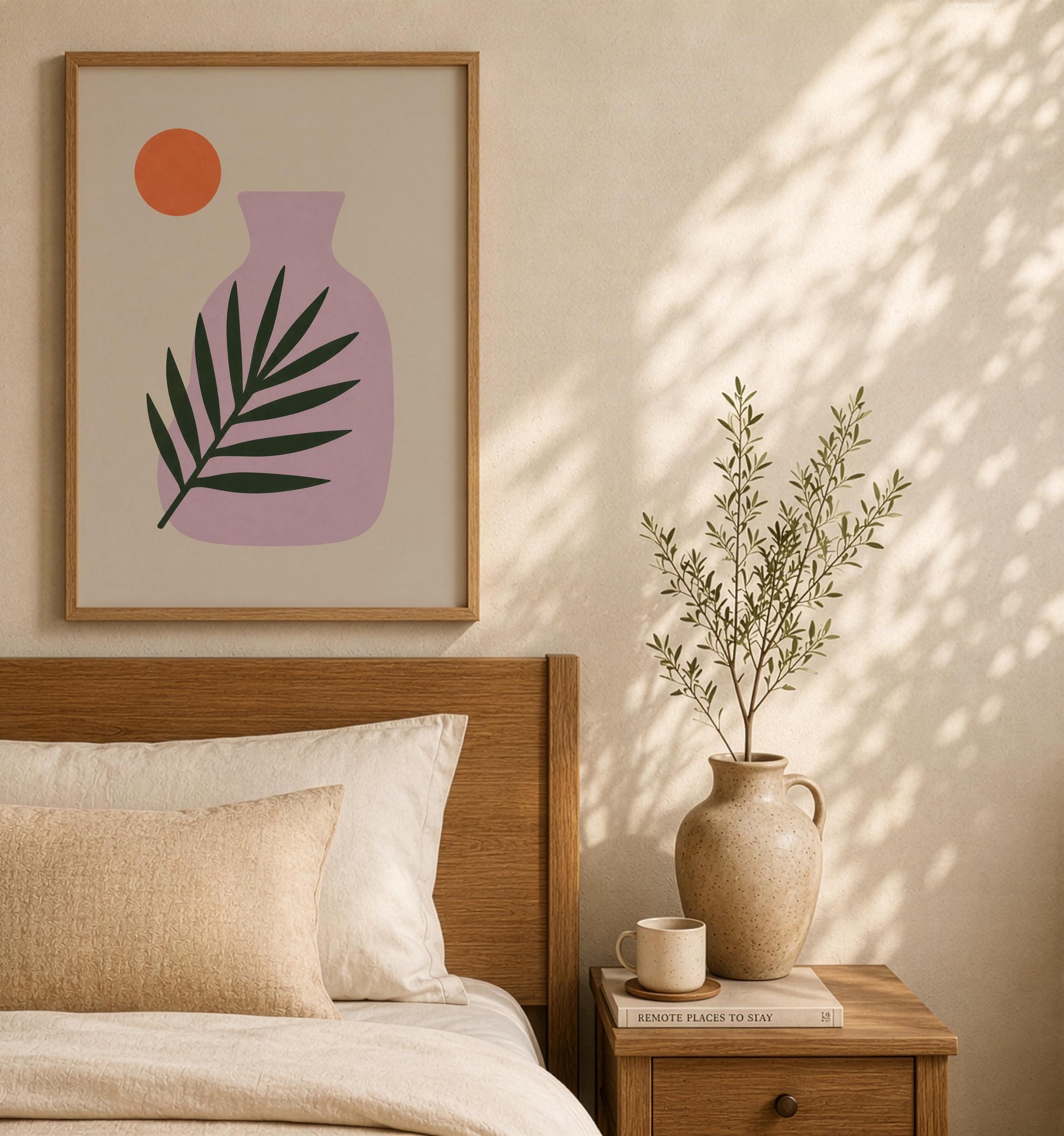 Sunset Palm Leaf Print | Purple Vase Botanical Art, Mediterranean Modern Decor | Framed or Unframed