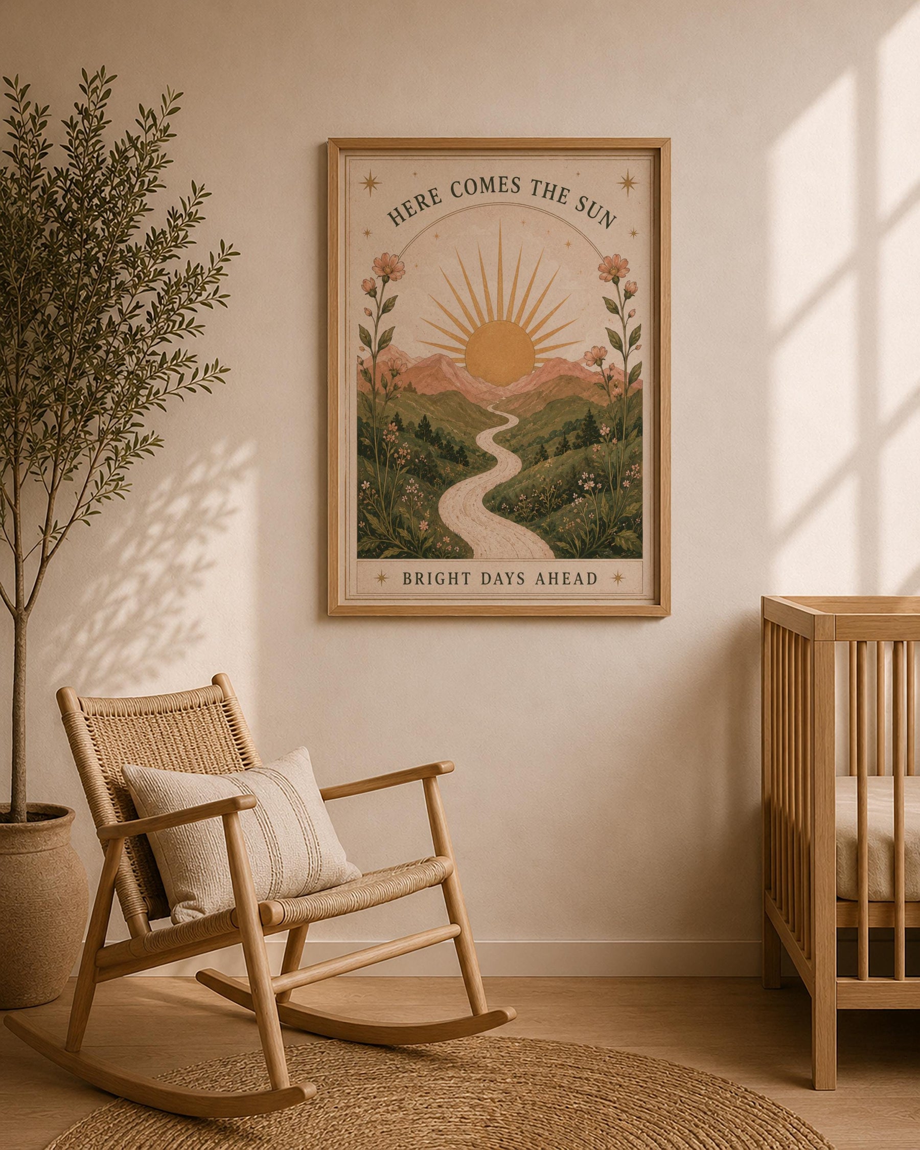 Here Comes the Sun Print | Inspirational Nursery Wall Art, Celestial Folk Art, Framed or Unframed