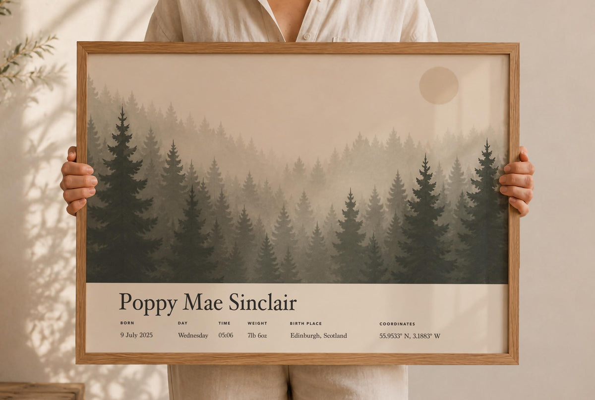 Personalised Birth Story Print | Misty Forest Nursery Wall Art | Framed or Unframed