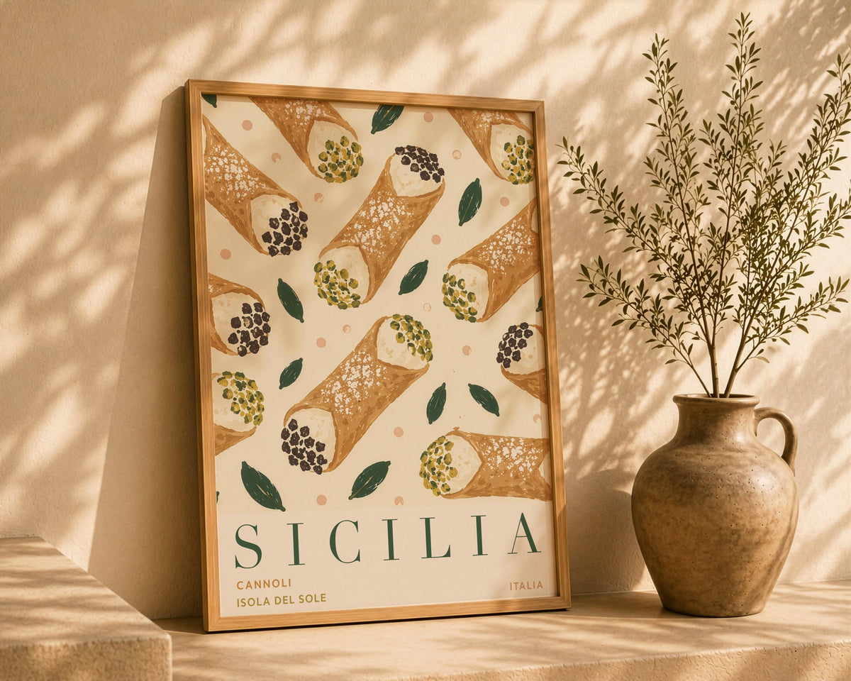 Sicily Cannoli Print | Hand-Painted Italian Food Travel Poster, Kitchen Decor | Framed or Unframed