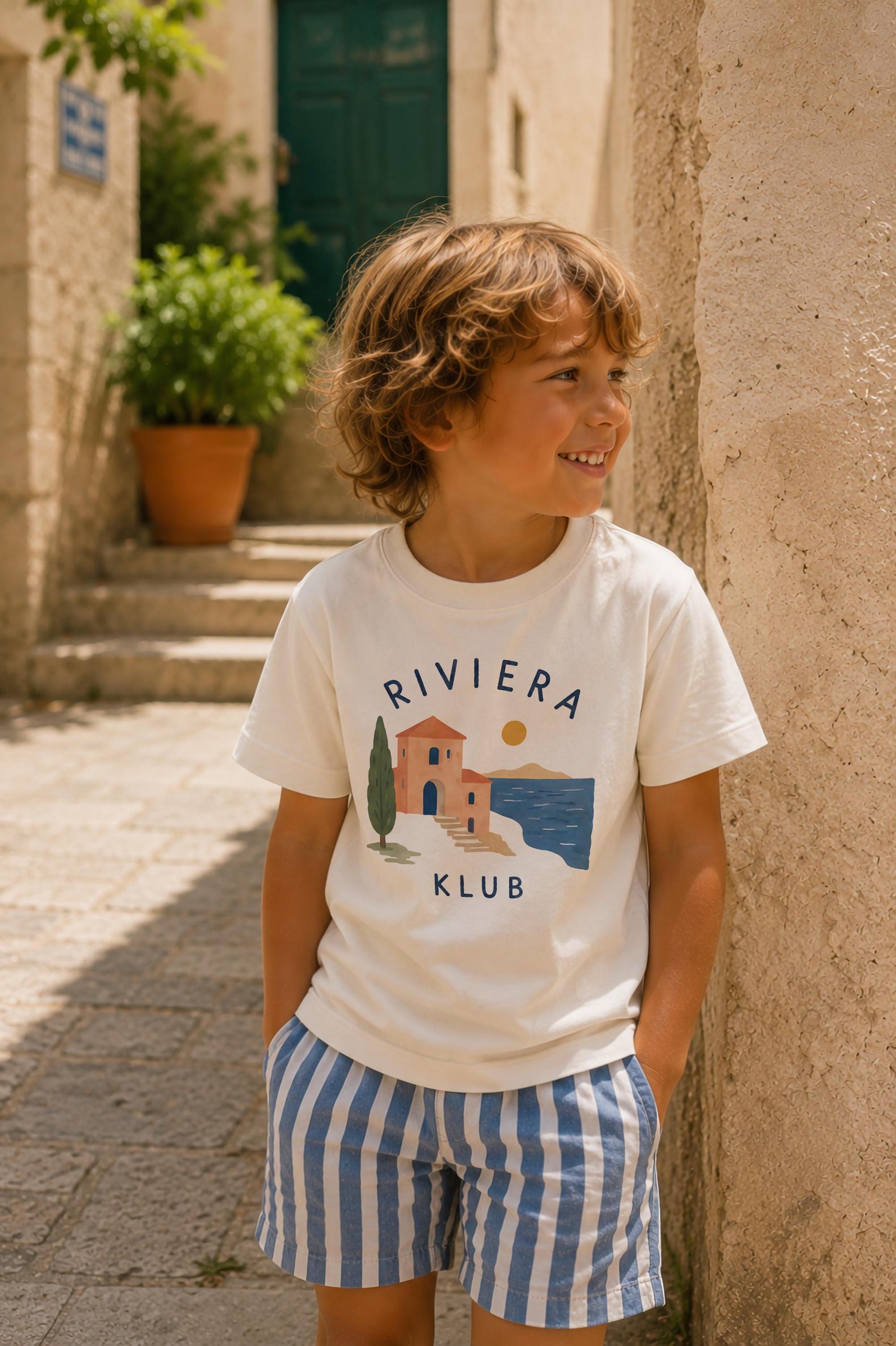 Riviera Klub Kids T-Shirt - Organic Cotton Mediterranean Coastal Graphic Tee, Summer Kids Clothing