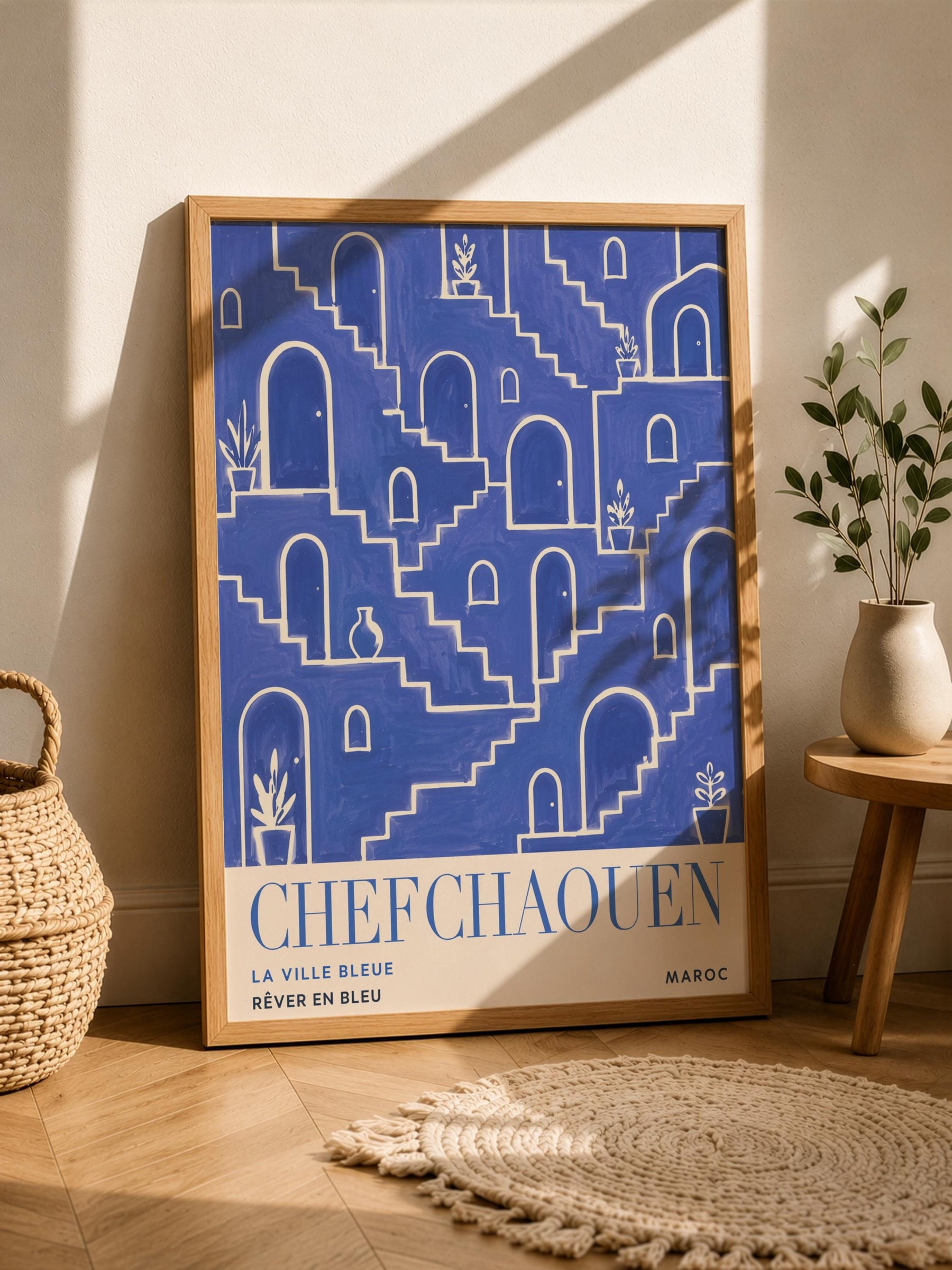 Chefchaouen Morocco Travel Poster | Blue City Wall Art, Mediterranean Decor | Framed or Unframed