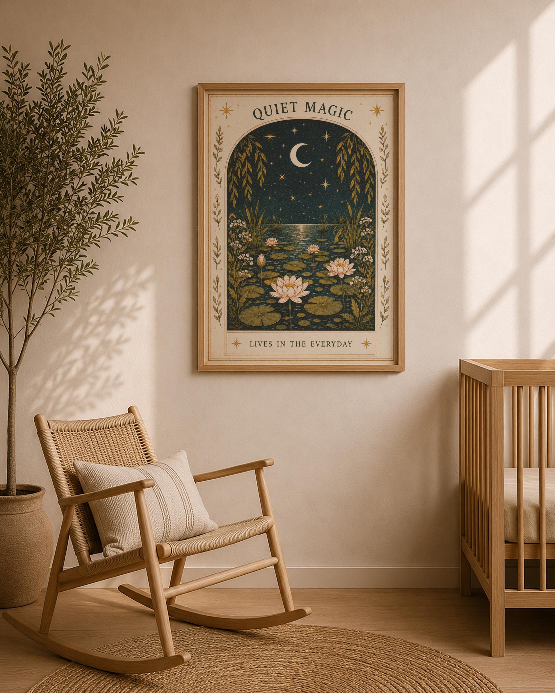 Quiet Magic Print | Celestial Nursery Wall Art, Botanical Folk Art Illustration, Framed or Unframed