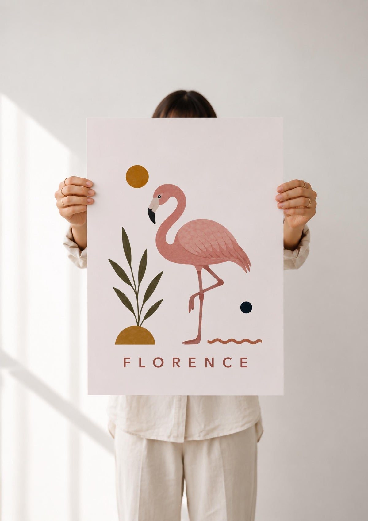 Personalised Flamingo Nursery Print, Modern Playroom Tropical Bird Wall Art, Framed or Unframed Poster