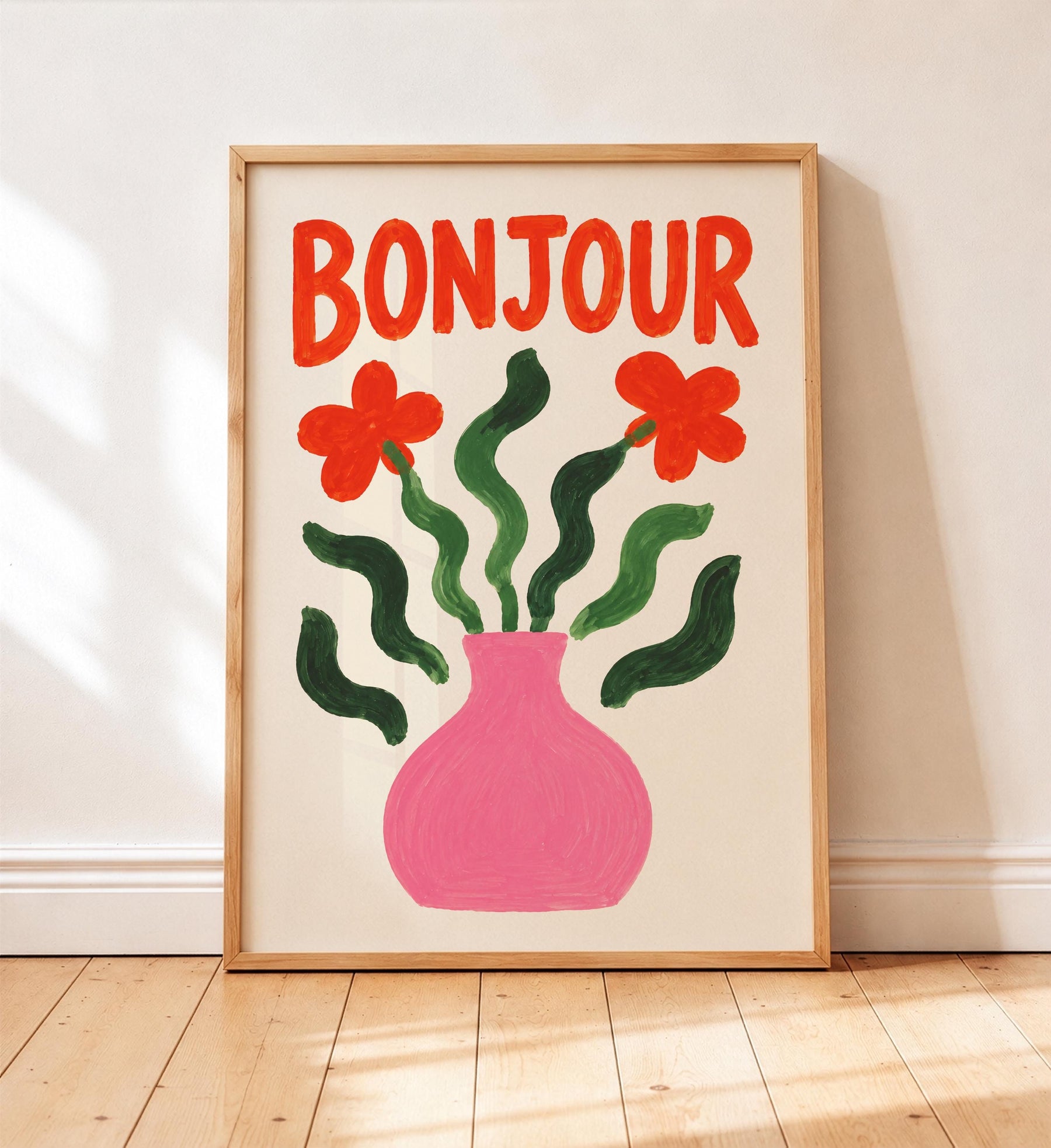 Bonjour Floral Art Print | Hand-Painted Botanical Flower Vase Wall Art | Framed or Unframed