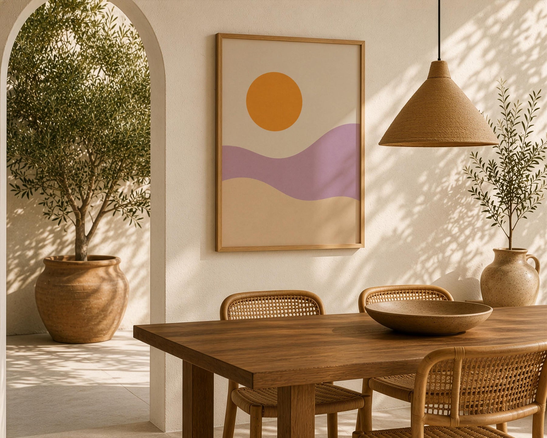 Desert Dunes Abstract Print | Minimalist Lilac Hills, Golden Sun Wall Art | Framed or Unframed