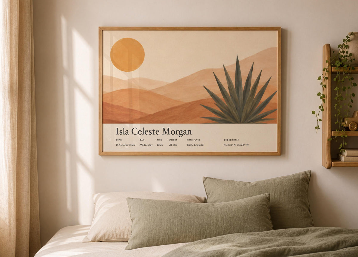 Personalised Birth Story Print | Agave Desert Landscape Nursery Art | Framed or Unframed