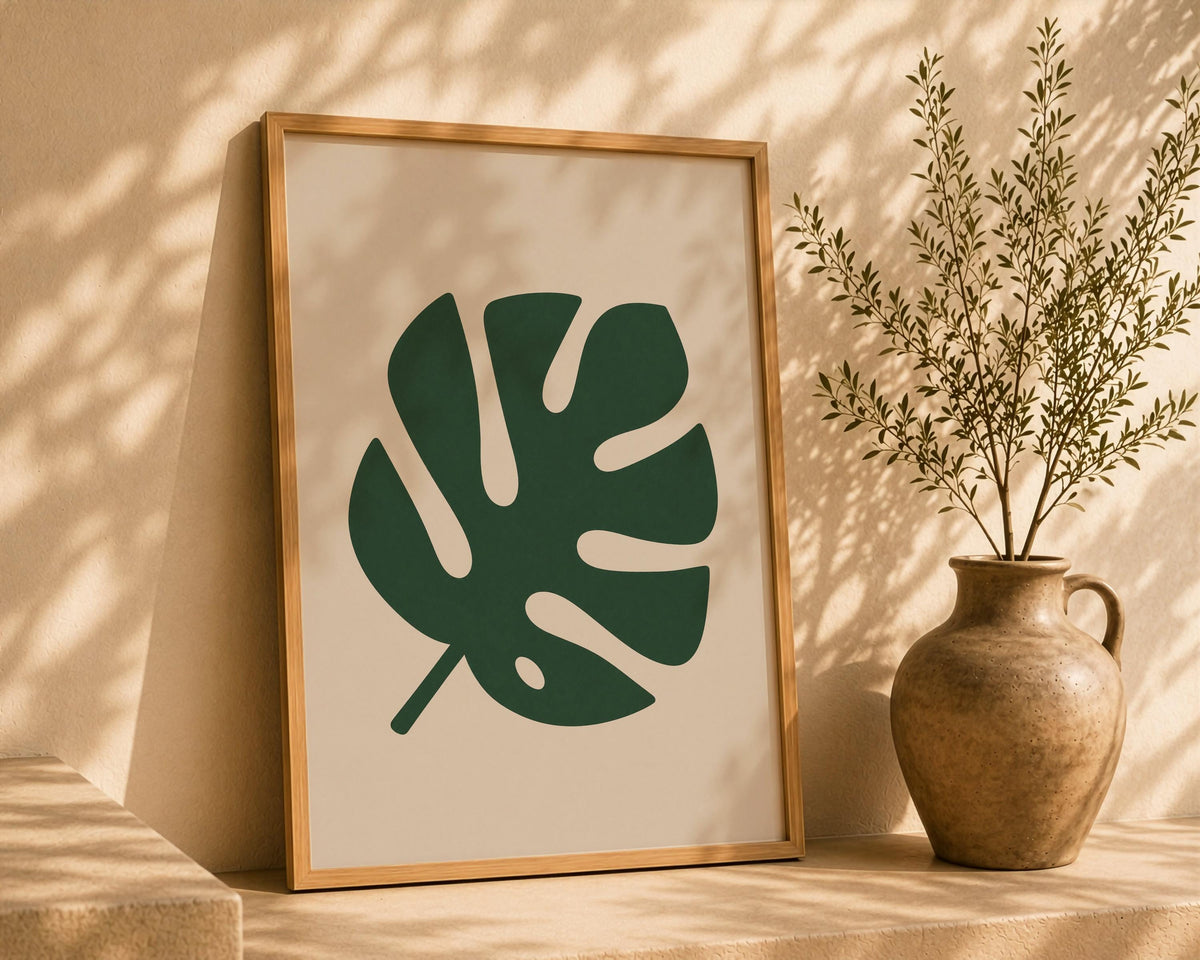 Canopy Green Monstera Leaf Print | Tropical Botanical Wall Art, Minimalist Poster | Framed or Unframed