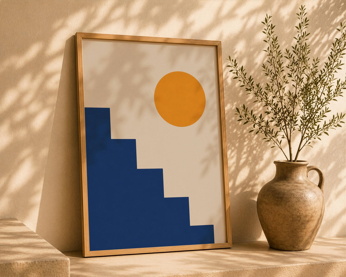Ascend Abstract Steps Print | Mediterranean Geometric Landscape Wall Art | Framed or Unframed