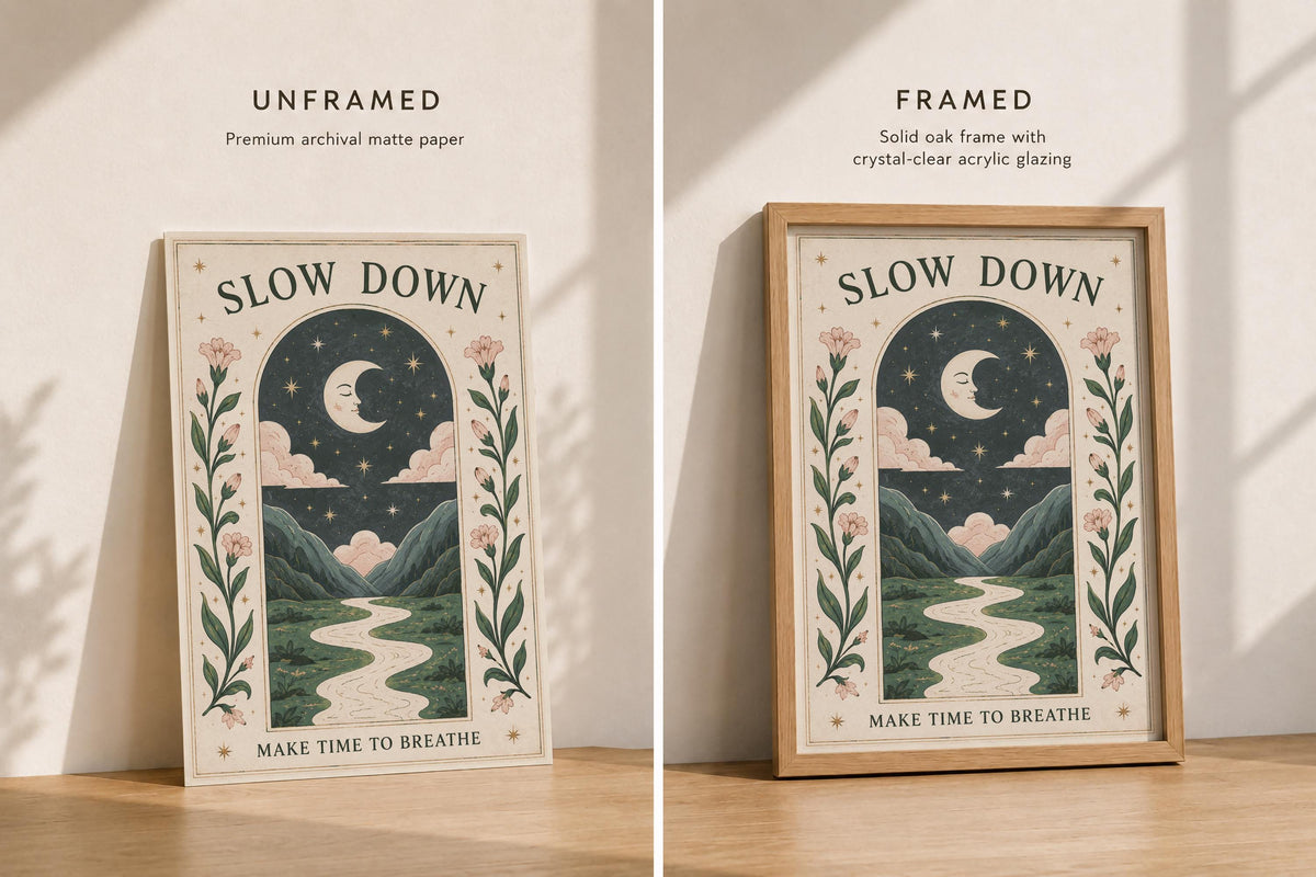 Slow Down Celestial Moon Folk Art Print | Positive Message Folk Art Starry Night Illustration | Framed or Unframed