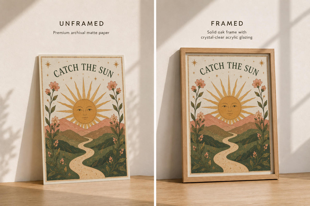 Catch The Sun Print | Inspirational Celestial Nursery Wall Art, Folk Landscape Illustration, Framed or Unframed