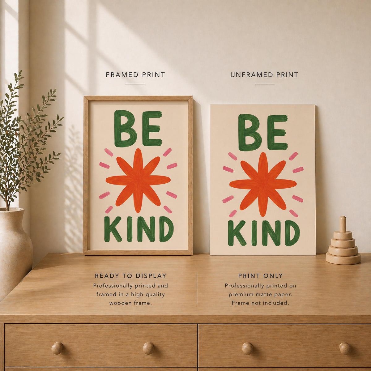 Hand-Painted Be Kind Art Print | Colourful Star Flower Wall Decor | Framed or Unframed